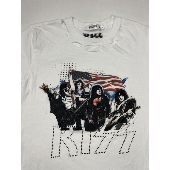 Missguided Kiss Graphic T-shirt Women Small White Music Distressed - Picture 2 of 6